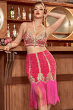 Deux pièces Fuchsia Gatsby 1920s Flapper Robe à franges