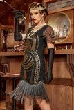 Robe à paillettes noire des années 20 avec franges