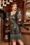 Robe à paillettes noire des années 20 avec franges