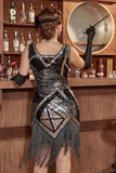 Robe argentée à paillettes col V des années 20 avec franges