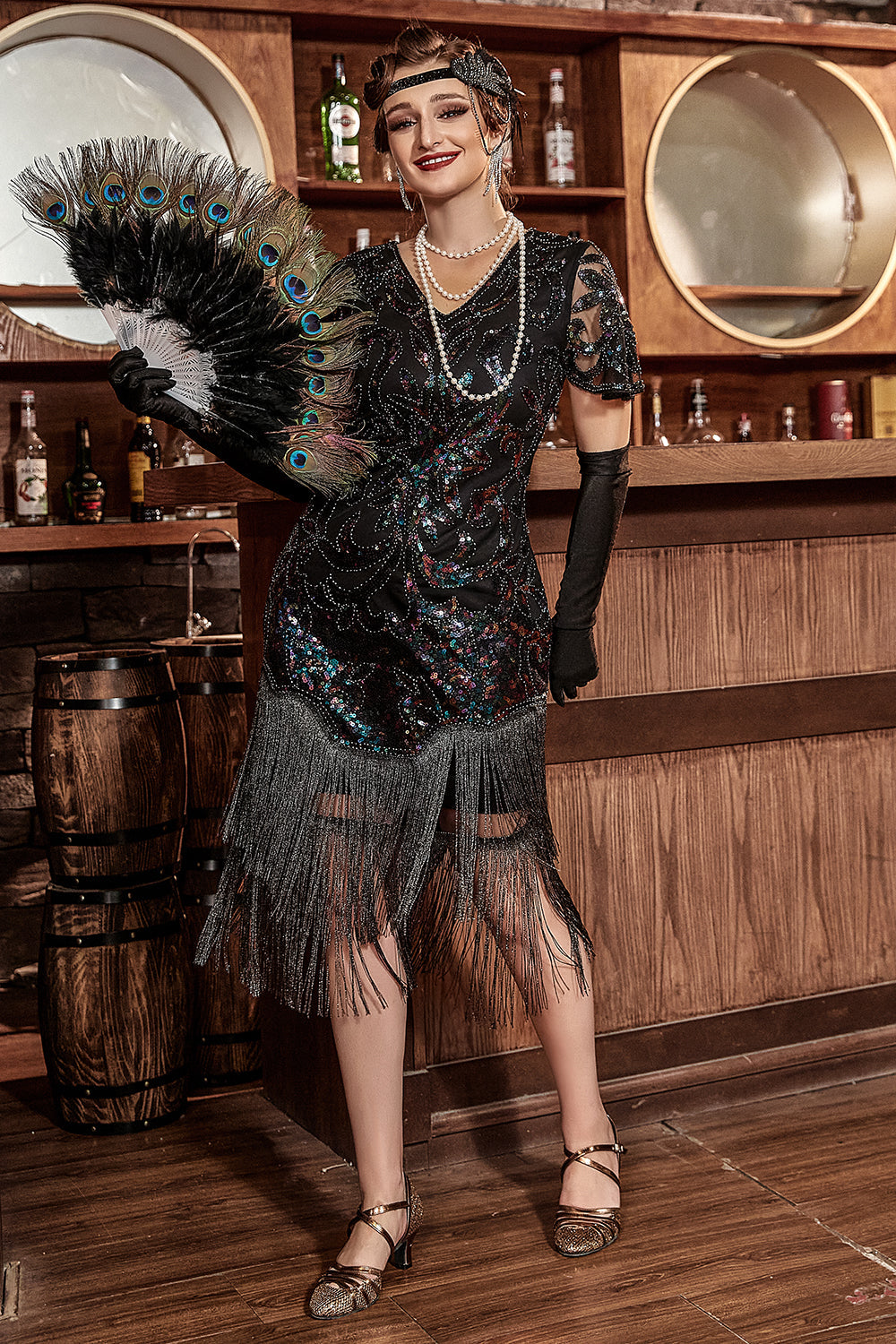 Robe Gatsby noire col V des années 20 avec paillettes colorées
