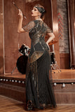 Robe Gatsby longue à paillettes noire et or des années 20 avec paillettes
