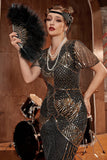 Robe Gatsby longue à paillettes noire et or des années 20 avec paillettes