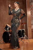 Robe Gatsby longue à paillettes noire et or des années 20 avec paillettes