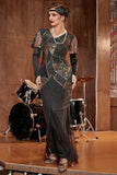 Robe Gatsby longue à paillettes noire et or des années 20 avec paillettes