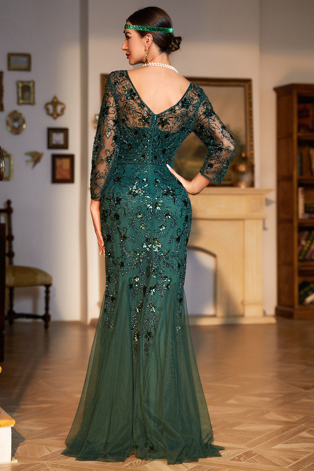 Paillettes vert foncé robe année 20 grande taille