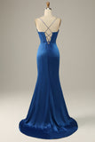 Longues Bretelles Spaghetti Bleu royal Sirène Robe de bal
