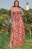 Une robe de bal Line V Neck Rust imprimée Plus Size avec front fendu
