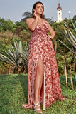 Une robe de bal Line V Neck Rust imprimée Plus Size avec front fendu