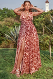 Une robe de bal Line V Neck Rust imprimée Plus Size avec front fendu