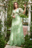A-Line V-Neck Broderie Robe de bal longue verte à manches courtes