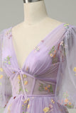 A-Line V-Neck Broderie Robe de bal longue verte à manches courtes
