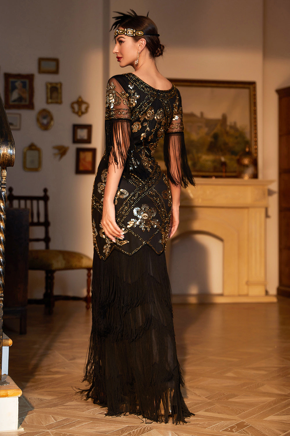 Robe Charleston années 1920 pour femme - Robe à paillettes et perles - Col en V et longueur genou - Robe à franges des années 20 - Robe de cocktail élégante Robe Charleston années 1920 pour femme - Robe à paillettes et perles - Col en V et longueur genou - Robe à franges des années 20 - Robe de cocktail élégante
