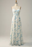 Robe de demoiselle d'honneur longue à fleurs bleues à bretelles spaghetti