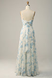 Robe de demoiselle d'honneur longue à fleurs bleues à bretelles spaghetti