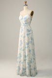 Robe de demoiselle d'honneur longue à fleurs bleues à bretelles spaghetti