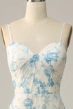 Robe de demoiselle d'honneur longue à fleurs bleues à bretelles spaghetti