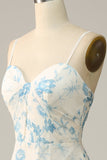 Robe de demoiselle d'honneur longue à fleurs bleues à bretelles spaghetti