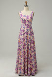 Une ligne col carré rose floral imprimé longue robe de demoiselle d’honneur avec dos ouvert