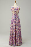Une ligne col carré rose floral imprimé longue robe de demoiselle d’honneur avec dos ouvert