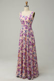 Une ligne col carré rose floral imprimé longue robe de demoiselle d’honneur avec dos ouvert