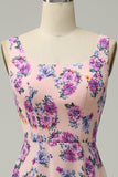 Une ligne col carré rose floral imprimé longue robe de demoiselle d’honneur avec dos ouvert
