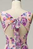 Une ligne col carré rose floral imprimé longue robe de demoiselle d’honneur avec dos ouvert