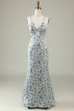 Robe de demoiselle d’honneur fleurie verte grise