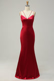 Selles Spaghetti Sirène Sangles Burgundy Robe de demoiselle d’honneur longue avec dos nu