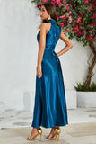 Robe de demoiselle d'honneur longue col rond bleu encre