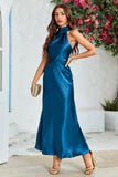 Robe de demoiselle d'honneur longue col rond bleu encre