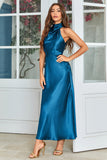 Robe de demoiselle d'honneur longue col rond bleu encre