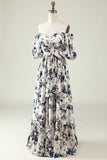 Robe de demoiselle d’honneur Boho à fleur bleue blanche