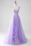 Robe de bal longue en tulle à bretelles spaghetti A-Line lilas avec appliques