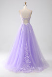 Robe de bal longue en tulle à bretelles spaghetti A-Line lilas avec appliques