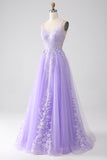 Robe de bal longue en tulle à bretelles spaghetti A-Line lilas avec appliques
