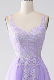 Robe de bal longue en tulle à bretelles spaghetti A-Line lilas avec appliques