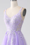 Robe de bal longue en tulle à bretelles spaghetti A-Line lilas avec appliques