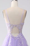 Robe de bal longue en tulle à bretelles spaghetti A-Line lilas avec appliques