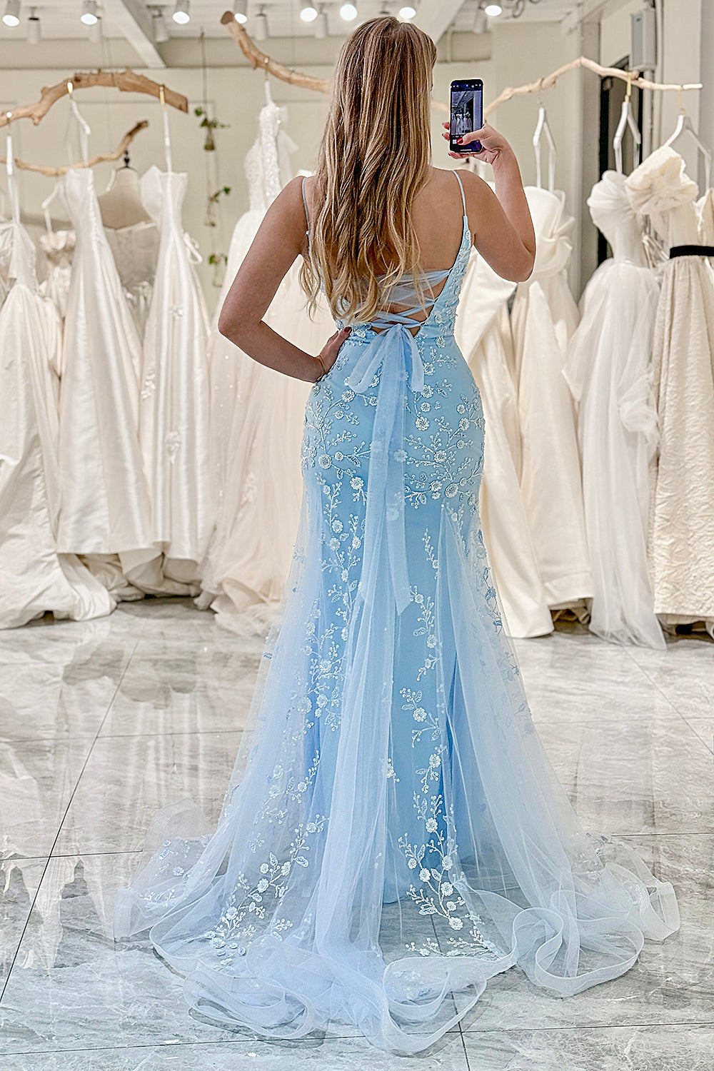 Blue Mermaid Spaghetti Straps Appliqued Long Prom Dress
