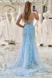 Blue Mermaid Spaghetti Straps Appliqued Long Prom Dress