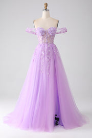 Robe de bal Corset perlé à épaules dénudées lilas A-Line Off The