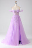 Robe de bal Corset perlé à épaules dénudées lilas A-Line Off The