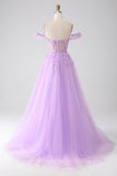 Robe de bal Corset perlé à épaules dénudées lilas A-Line Off The