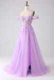 Robe de bal Corset perlé à épaules dénudées lilas A-Line Off The