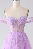 Robe de bal Corset perlé à épaules dénudées lilas A-Line Off The