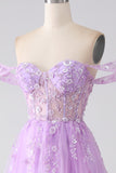 Robe de bal Corset perlé à épaules dénudées lilas A-Line Off The