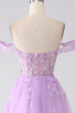 Robe de bal Corset perlé à épaules dénudées lilas A-Line Off The