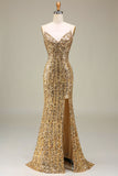 Robe de bal longue dorée sirène scintillante avec fente