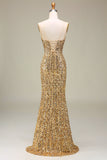Robe de bal longue dorée sirène scintillante avec fente